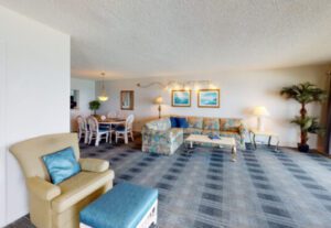 A living room with blue and white checkered carpet