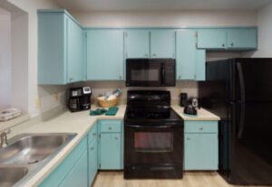 A kitchen with blue cabinets and black appliances.