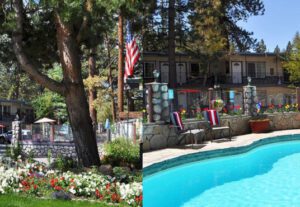 A pool and some trees in front of a house