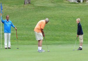 A man is playing golf on the green