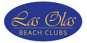 A blue and yellow logo for las olas beach clubs.