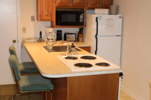 Kitchenette with stovetop, counter and stools.