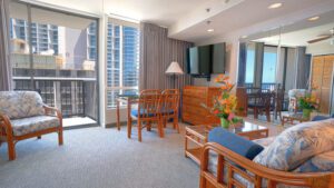 Living room with city view and couch.