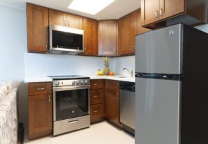 Stainless steel kitchen appliances in a home.