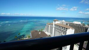 Ocean view from hotel balcony.