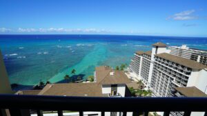 Ocean view from hotel balcony.