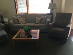 Living room with couch, armchair, and coffee table.