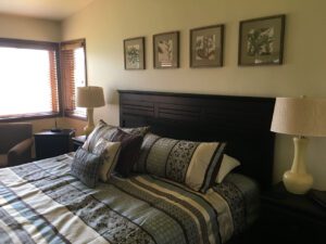 Bedroom with king-size bed and framed art.