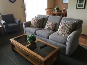 Grey couch with patterned pillows in living room.