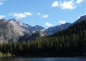 Mountain lake with snow-capped peaks.