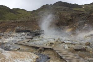 Wooden walkways in a geothermal area.