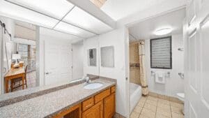 Modern bathroom with granite countertop and bathtub.