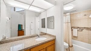 Modern bathroom with granite countertop and shower.