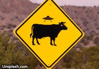 Yellow diamond sign with cow and UFO.